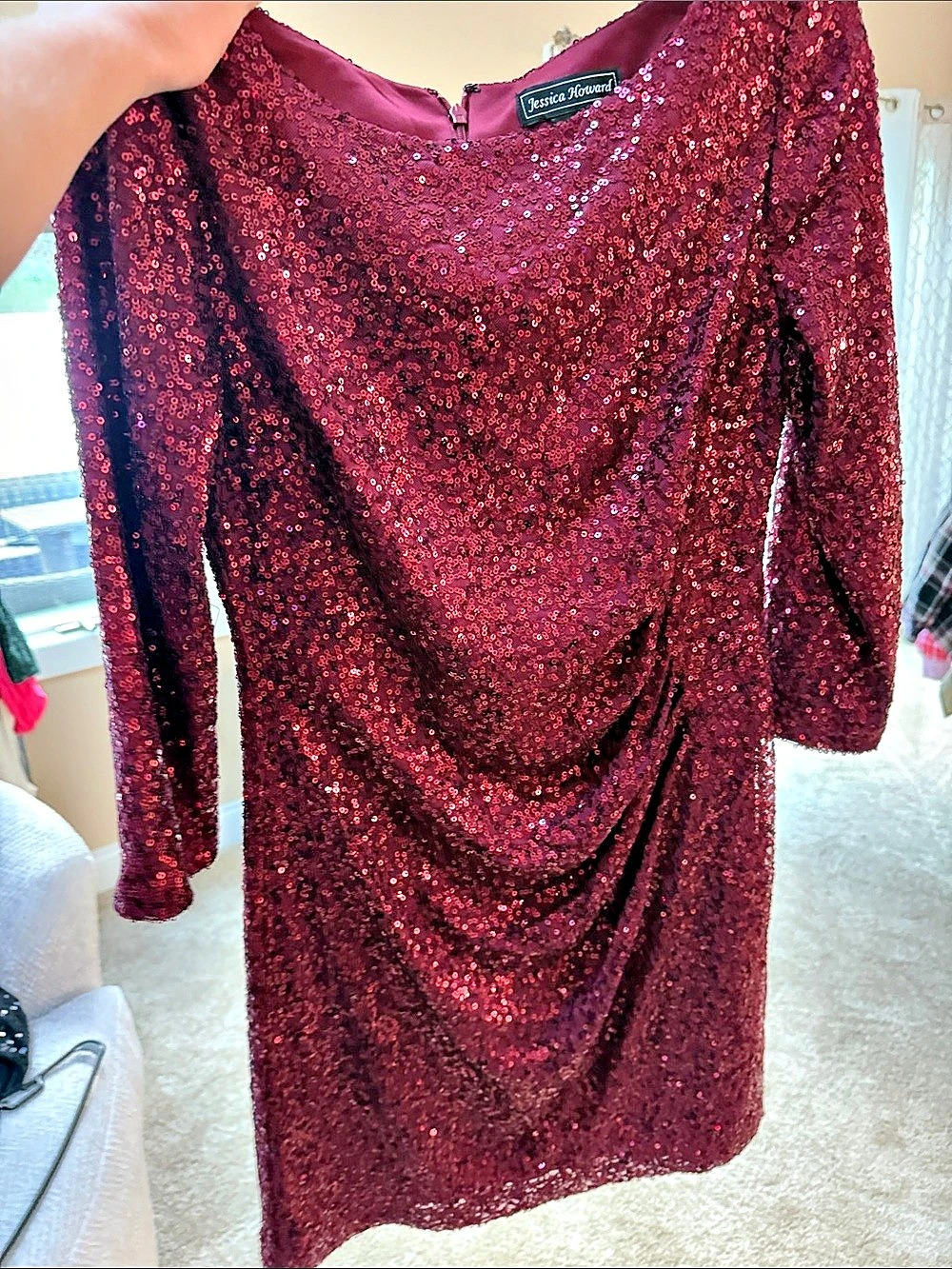 Jessica Howard Wine Sequin Ruched Long-Sleeve Dress Mini Dress Red Size 10